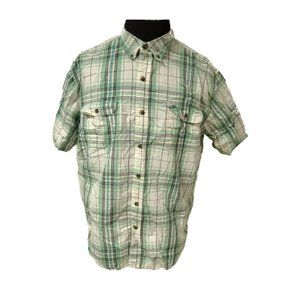 CE Schmidt Mens XL Green white Plaid Stripe Short Sleeve Button Workwear Shirt
